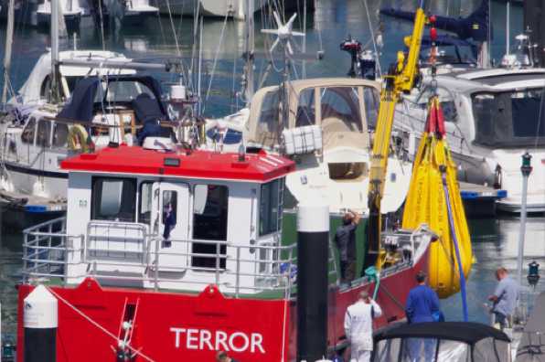 29 May 2020 - 14-27-30 
This appears to be load testing the crane aboard Terror. Named after HMS Terror which was built in Topsham in 1813.
--------------------------
Terror, cargo tender to RRS Sir David Attenborough